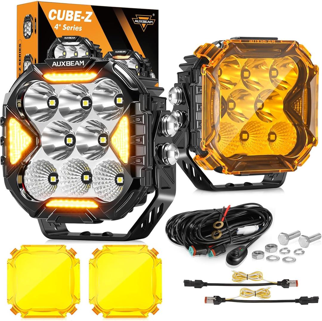 Auxbeam Cube-Z Series 4" Led Pods Lights with Amber Covers, 112W 12800LM Flood Spot Combo Offroad Driving Lights with DRL Turn Signal, Cube Ditch Light with DT Wiring Harness for Jeep ATV UTV, Pair