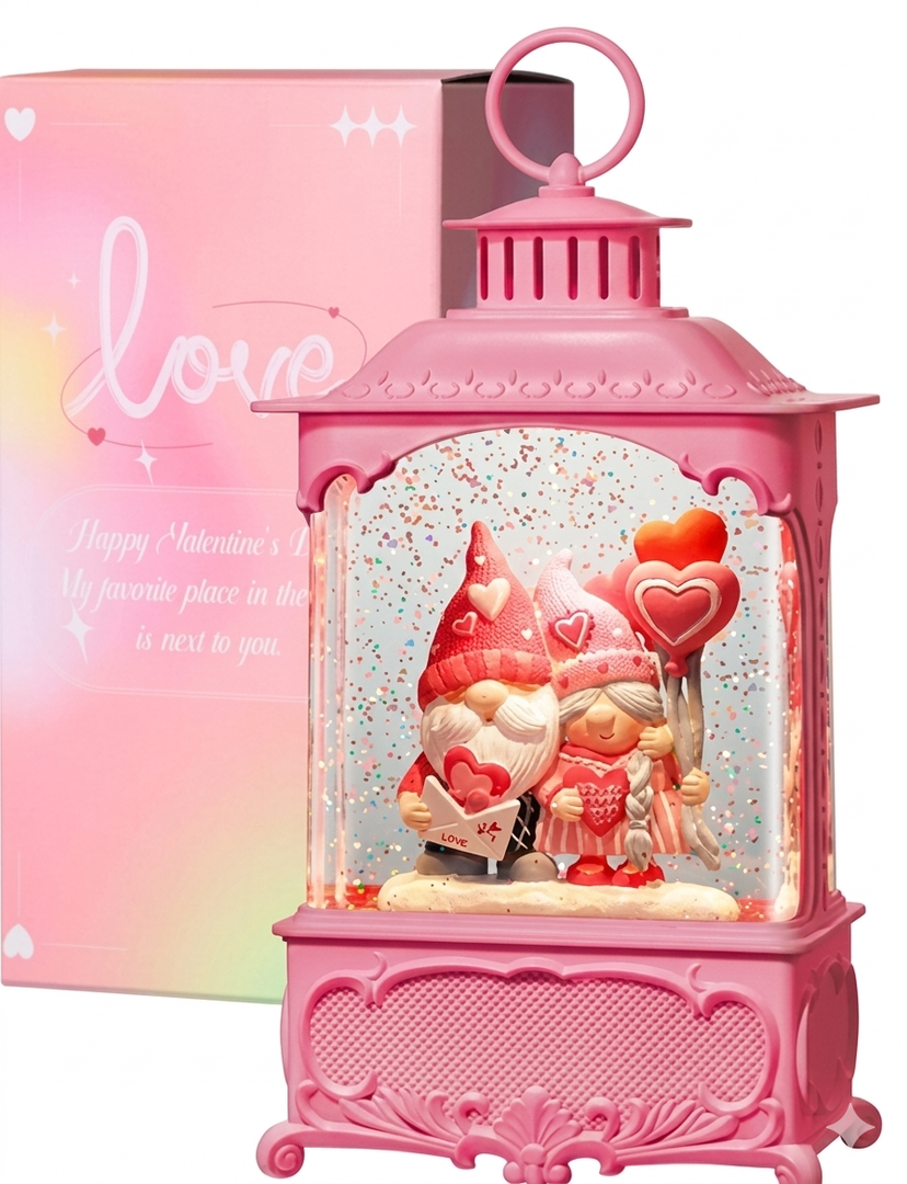 Valentines Snow Globe Lantern with Timer and Music, USB and Battery Tabletop