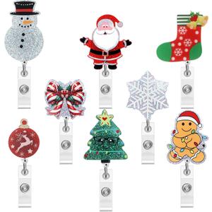 Epakh 8 Pcs Winter Badge Reels Retractable with Alligator Swivel Clip Cute Acrylic Winter Holiday Badge Reel Glitter Snowman Snowflake Christmas Tree Elk Badges Holder ID Card for Nurse Doctor