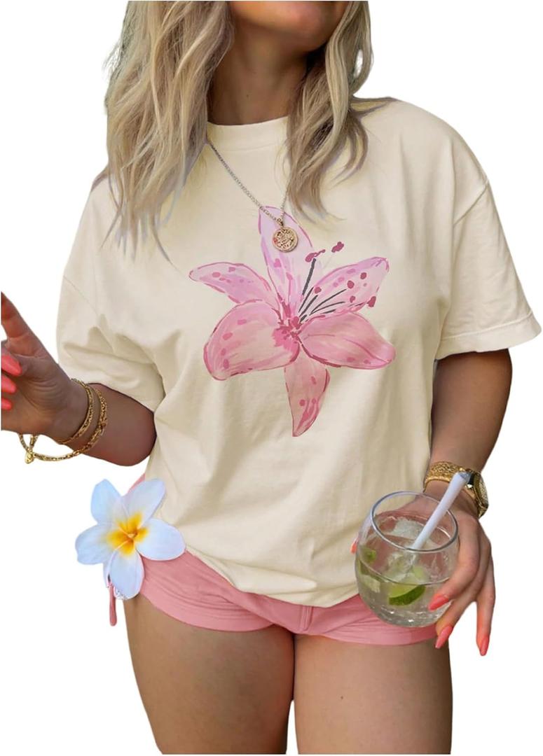 SOLY HUX Women's Plus Size Graphic T Shirts Y2k Floral Short Sleeve Crew Neck Tee Summer Preppy Aesthetic Tops (Yellow, XXL)