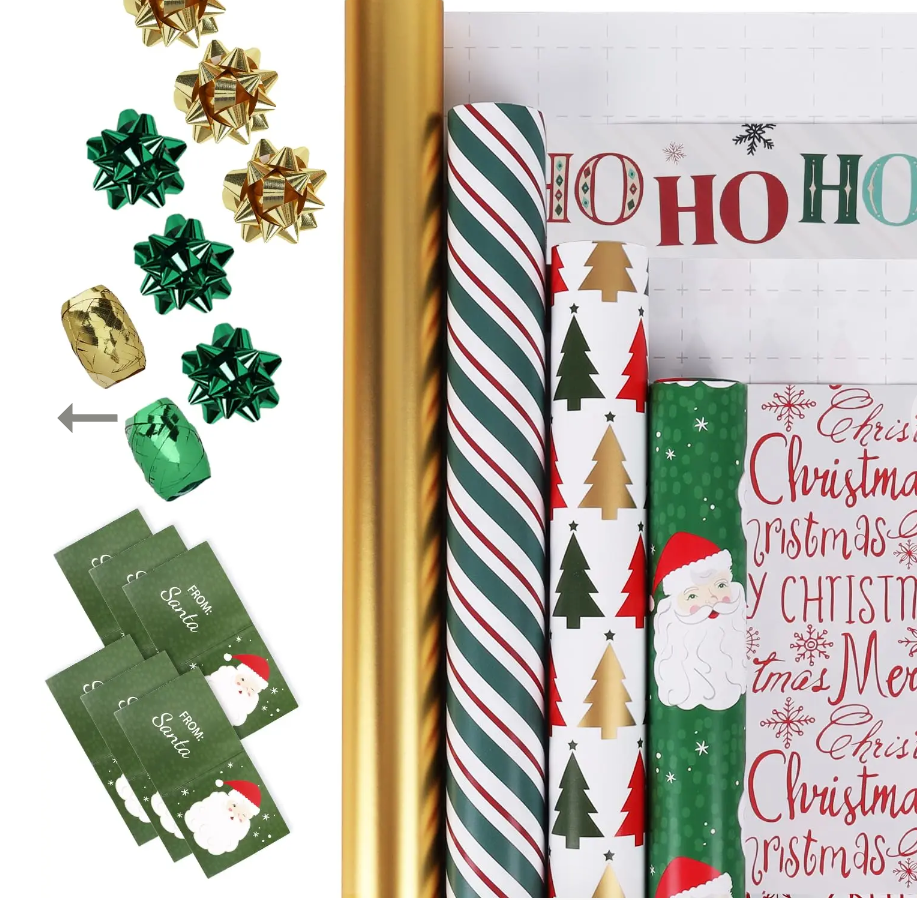 LaRibbons Christmas Wrapping Paper Set, Classic Santa & Stripe Design with Gift Bow & Ribbons & Tags, Perfect for Holiday, Party, Xmas Celebration,30 Inch X 10 Feet (4Rolls, 100 sq.ft.ttl.)