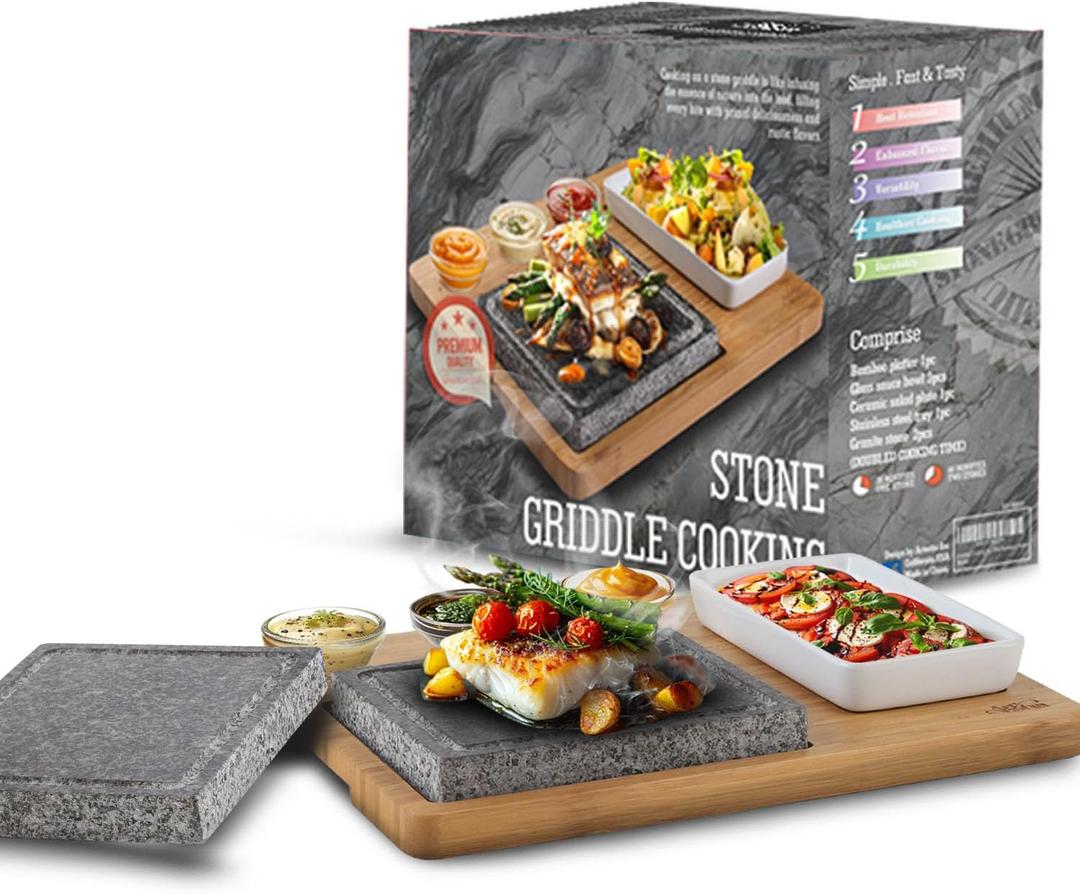 Artestia Hot Stone Steak Cooking Set 2 Natural Granite Grill Stones + 1 Bamboo Tray +1 Salad Plate & 3 Sauce Bowls Indoor/Outdoor BBQ Sizzling Steak & Seafood Grilling Gift