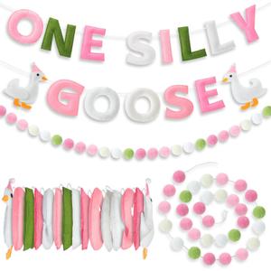 Oudain 2 Pcs 118 Inch Pre-strung Felt One Silly Goose Birthday Decor Boy Girl Fabric Letters Banner and Felt Ball Garland Wall Pink Decorations Reusable 3D Baby Shower Party Decorations
