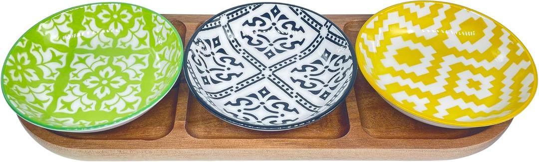 Chip and Dip Serving Set, Chips and Dip Serving Dish with Wood Tray, Small Serving Bowls/Dipping Dishes for Condiments, Side Dishes, Dipping,(Bohemian)