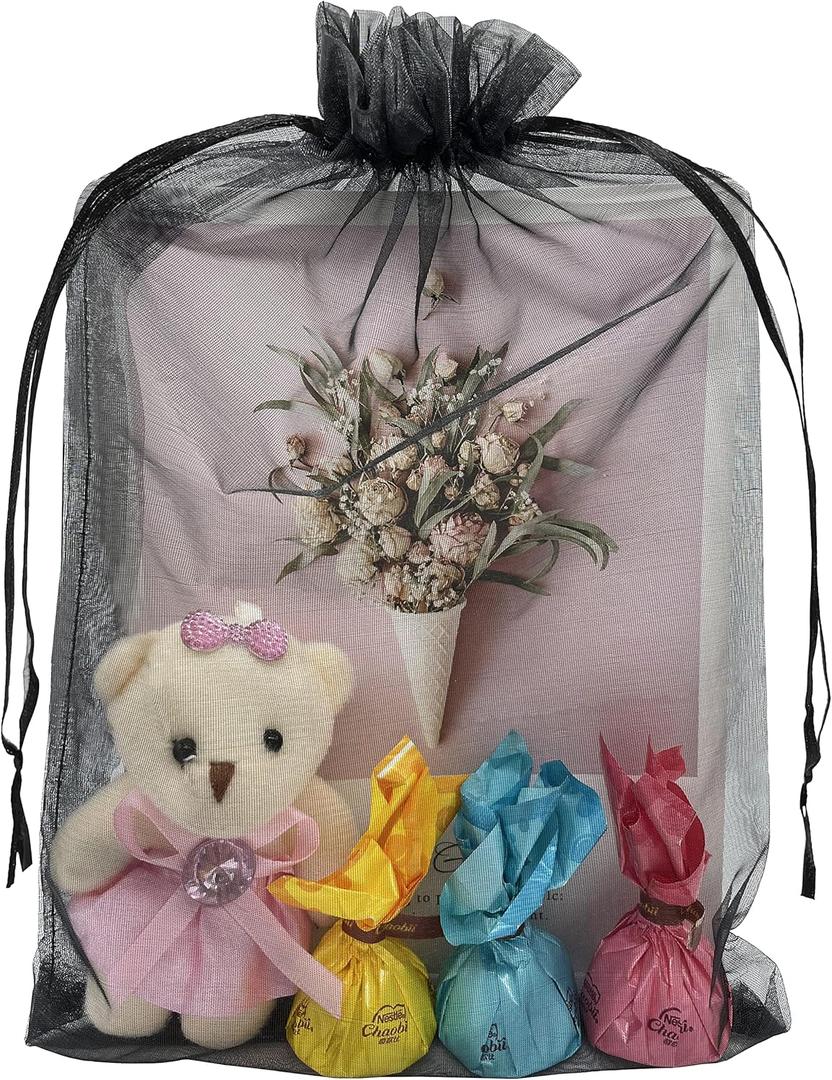 Jexila 50pcs Sheer Black Organza Gift Bags 8X12 inch Large Mesh Bags Drawstring Jewelry Pouch for Wedding Party Favor Halloween Goodie Candy Treat Bags