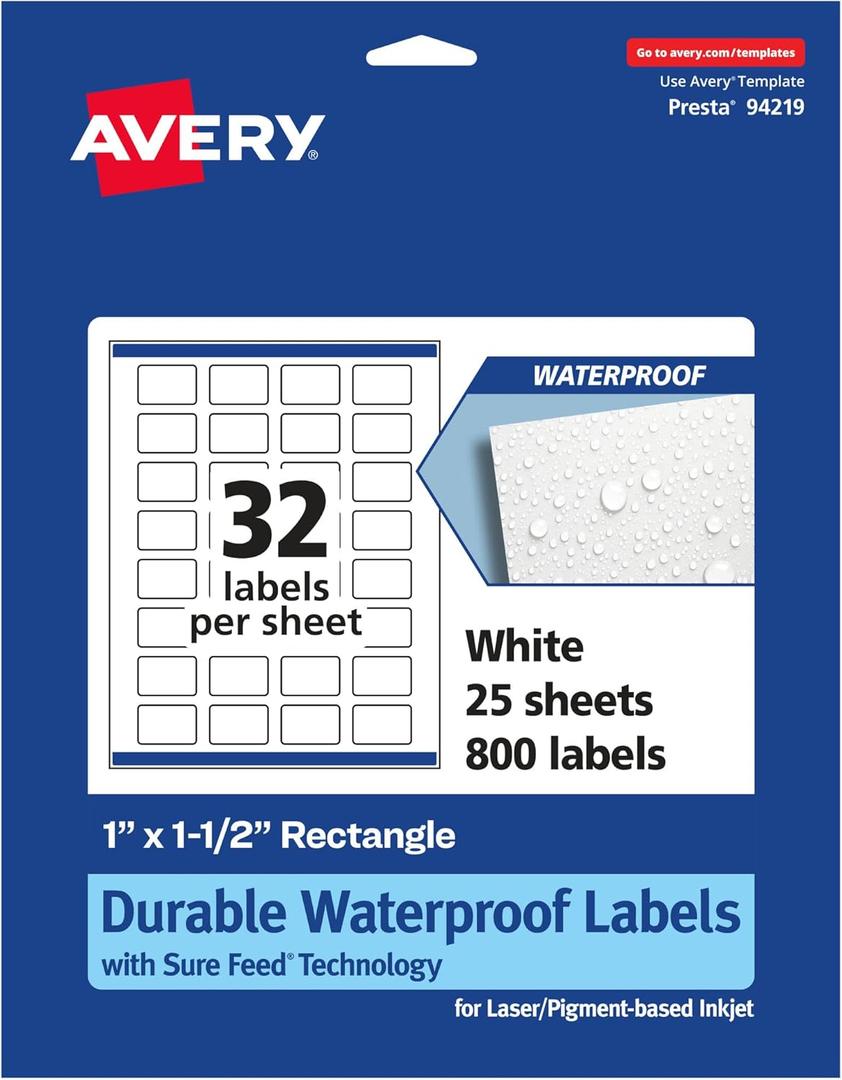Avery Durable Waterproof Rectangle Labels, 1" x 1.5", 800 Oil and Tear-Resistant, Print-to-The-Edge, Laser/Pigment-Based Inkjet Printable