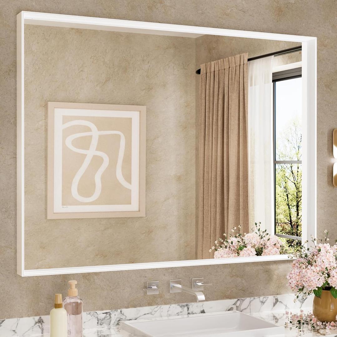 Keonjinn 48 x 36 White Bathroom Vanity Mirror Metal Framed Large Bathroom Mirror for Over Sink Rectangular Wall Mirror Square Corner Farmhouse Matte White Rectangle Mirror(Horizontal/Vertical)