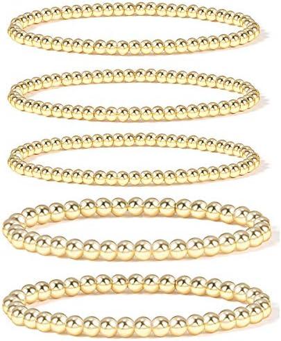 Badu Gold Plate Bead Bracelet for Women 14K Gold Plated Bead Ball Bracelet Stretchable Elastic Hypoallergenic Bohemian Stackable, 5 Piece