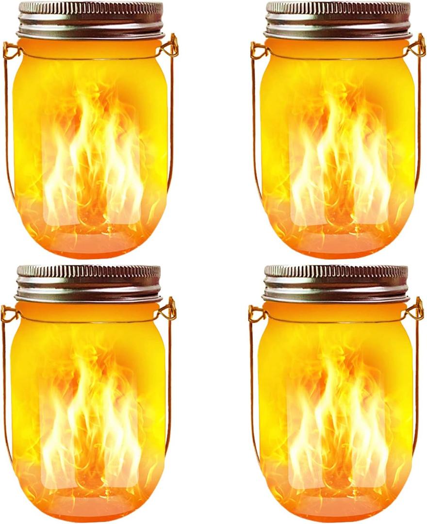 Solar Mason Jar Flicker Lights Upgraded, 4 Pack Flickering Torches Lights Outdoor Hanging Lanterns Landscape Decoration Lighting Dusk to Dawn Auto On/Off Security Halloween Torch Lights