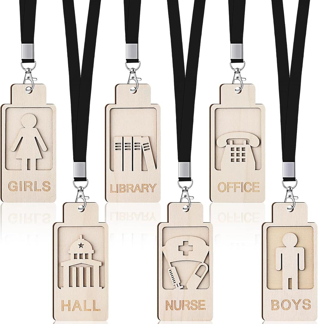 Sabary 6 Sets Hall Pass Lanyards and School Passes Wooden Bathroom Passes for Classrooms Back to School Gift Hall Nurse Library Office Teacher Supplies (Wood Color)