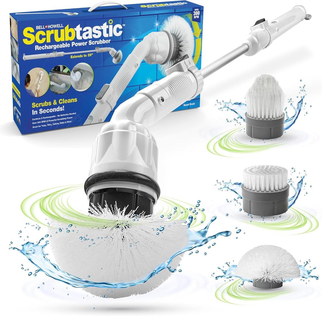 Scrubtastic Spin Scrubber, Electric Shower Scrubber Rechargeable, Multipurpose Extendable Tile Cleaner, Bathroom, Floor & Grout Bathtub Power Scrubber with 3 Rotating Brush Heads, Improved for 2022