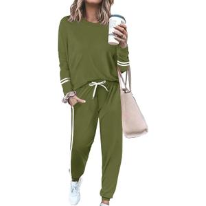 Women 2 Piece Outfits Crew Neck Striped Long Sleeve Casual Sweatsuit Lounge Set Tracksuits Pajama Pullover with Pocket (Large, Army Green)