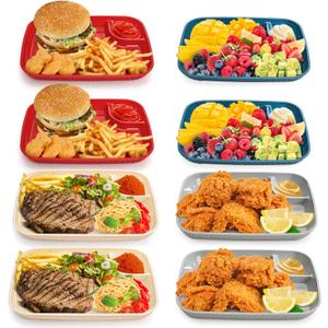 Jucoan 8 Pack Plastic Chip and Dip Serving Plates, 9.75 x 7.25 Inch Dumpling Plate with Sauce Compartment for Tacos, Fries, Sushi, Charcuterie Board, Party Snack, Microwave Dishwasher Safe