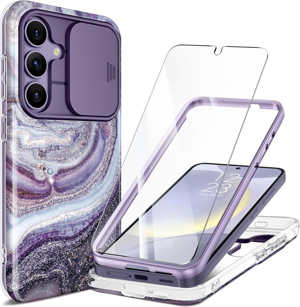 GVIEWIN Designed for Samsung Galaxy S24 Plus Case with Slide Camera Cover+Screen Protector,[10FT Drop Protection]Marble Full Body Shockproof Protective Phone Cover for S24+ Plus 6.7", Milky Way/Purple