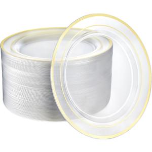 R-kay 100 Pack 10 Inch Clear And Gold Plastic Plates For Wedding - Sturdy Clear Gold Plastic Plates, Durable And Extra Heavy duty - Bulk Disposable Plates For Weddings