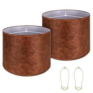 Large Lampshades Set of 2 Drum Lamp Shades 15" Top X 15" Bottom X 12" High, Large Lamp Shade Spider Fitter Cowhide Lampshades with 10" Height Come with Gold LampShade Holder 2 Easy Assembly Required
