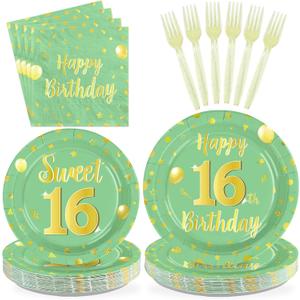 96 Pcs Happy 16th Birthday Party Decoration Sage Green and Gold Plates and Napkins Sage Green 16th Birthday Tableware Set for Boy Girl 16 Years Party Supplies, Serves 24