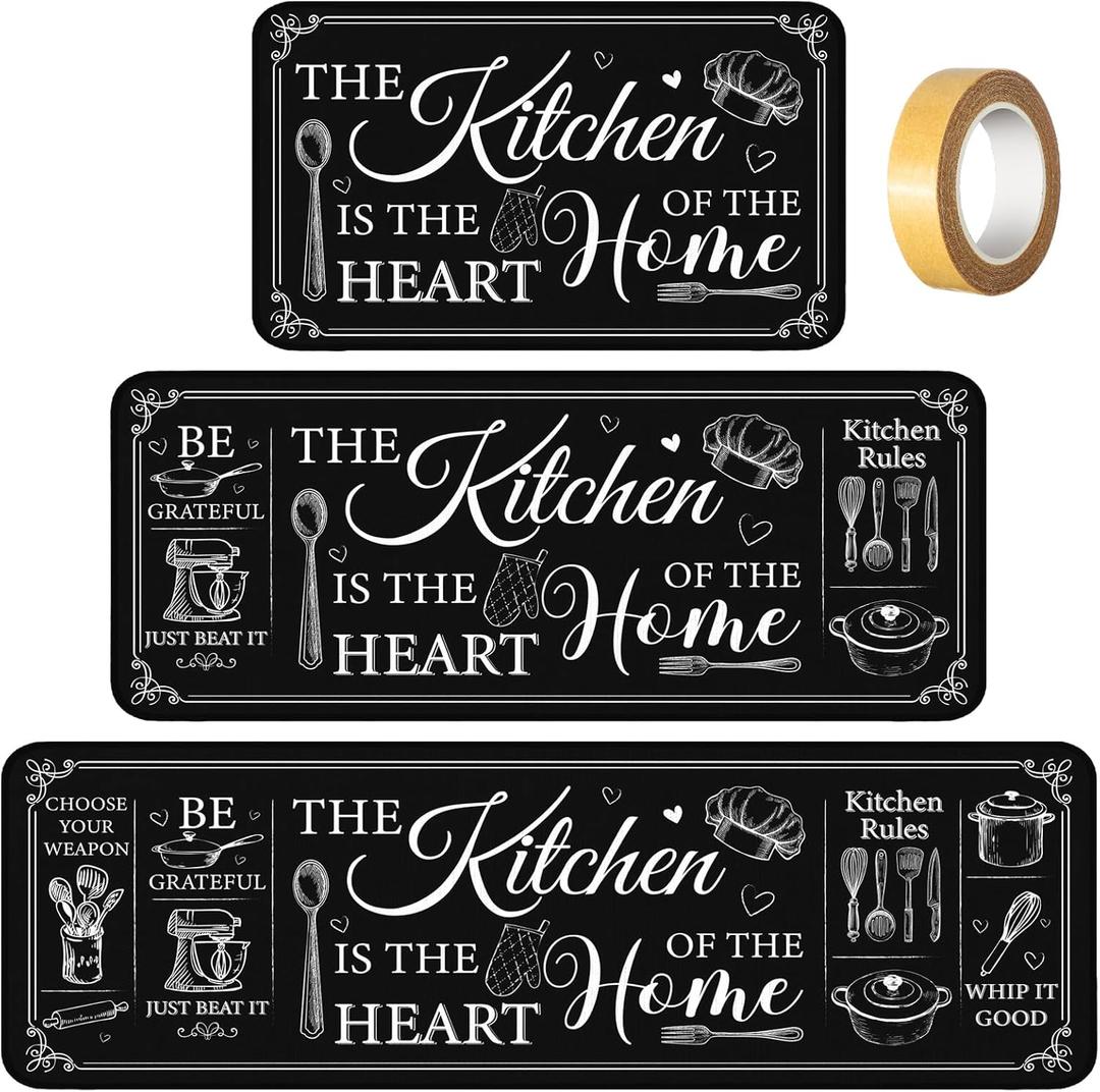 Bencailor 3 Pieces Kitchen Rugs Set Non Slip Washable Kitchen Mats Farmhouse Welcome Door Mat Floor Rugs Absorbent for Home Laundry Living Room and Hallway,3 Sizes(Classic Black)