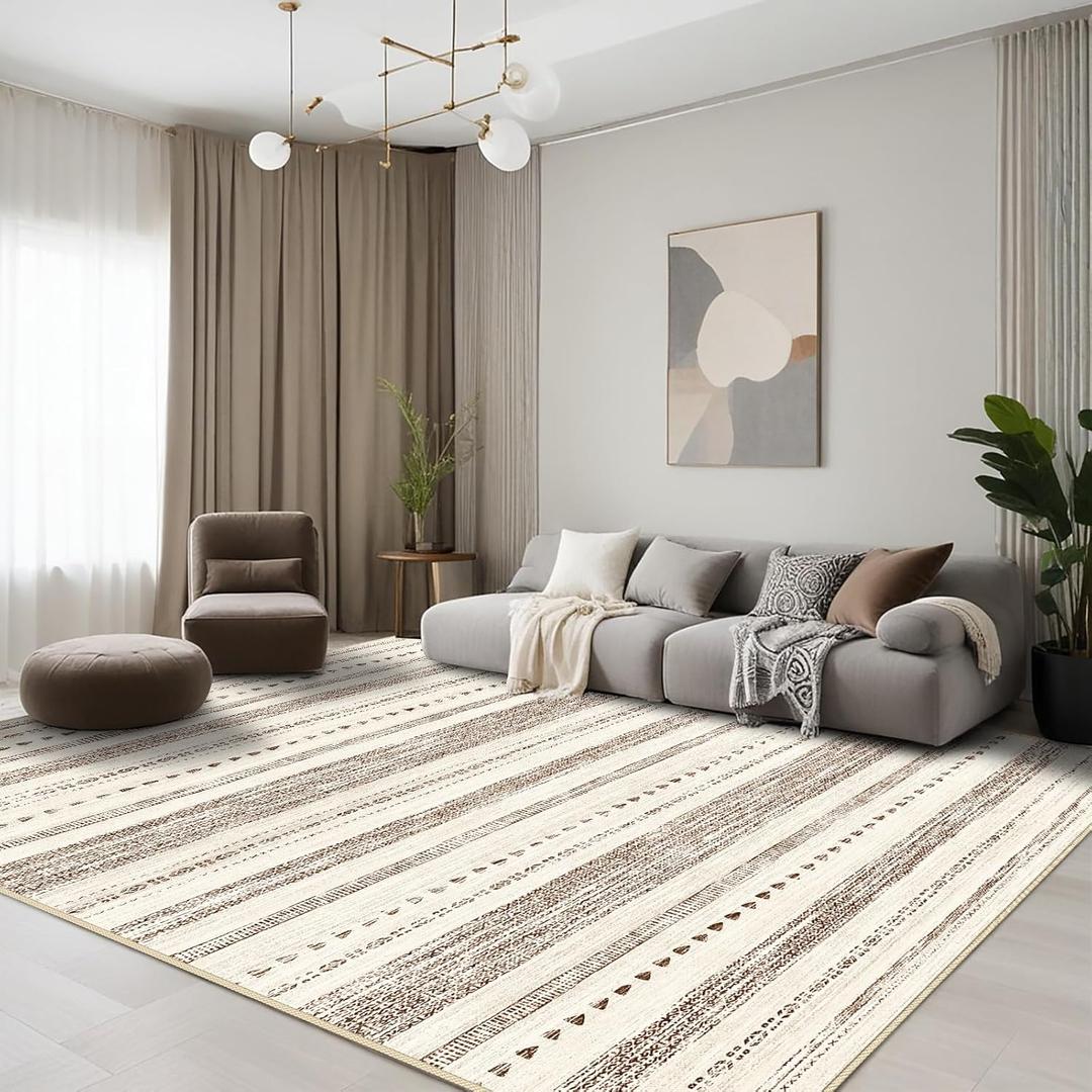 9x12 Large Area Rug: Soft Ultra Thin Machine Washable Farmhouse Area Rugs for Living Room Non-Slip Neutral Modern Geometric Indoor Floor Carpet for Bedroom Under Dinning Table Brown (9' x 12')