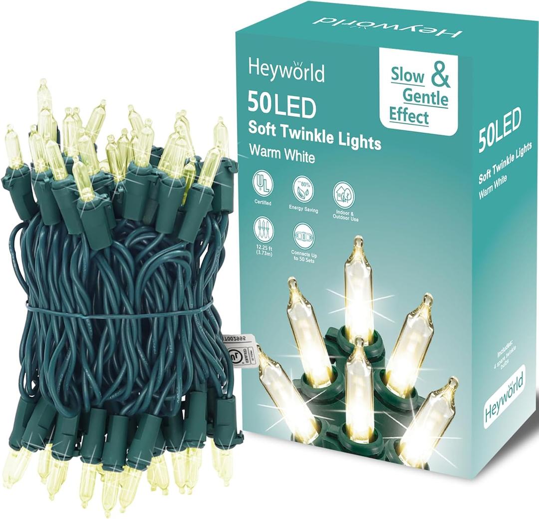 50 LED Slow Twinkle Lights, Soft Twinkling Christmas String Lights, UL Certified 14.58 Ft, Connect Up to 50 Sets, Indoor & Outdoor Christmas Decorations