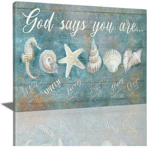 Tijuboni Seashell Decor Ocean Bathroom Wall Art Coastal Beach Nautical Pictures, Seashell Starfish Canvas Prints Paintings Framed Artwork for Bathroom Bedroom Living Room Home Ready to Hang 16"x24"