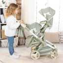 Bayer Design: Doll Pram Xeo Twin - Green & Flowers - Push Stroller, Adjustable Seats & Handle, Foldable, Handbag, Toy Seats 2 Dolls Up to 18", Kids 3+