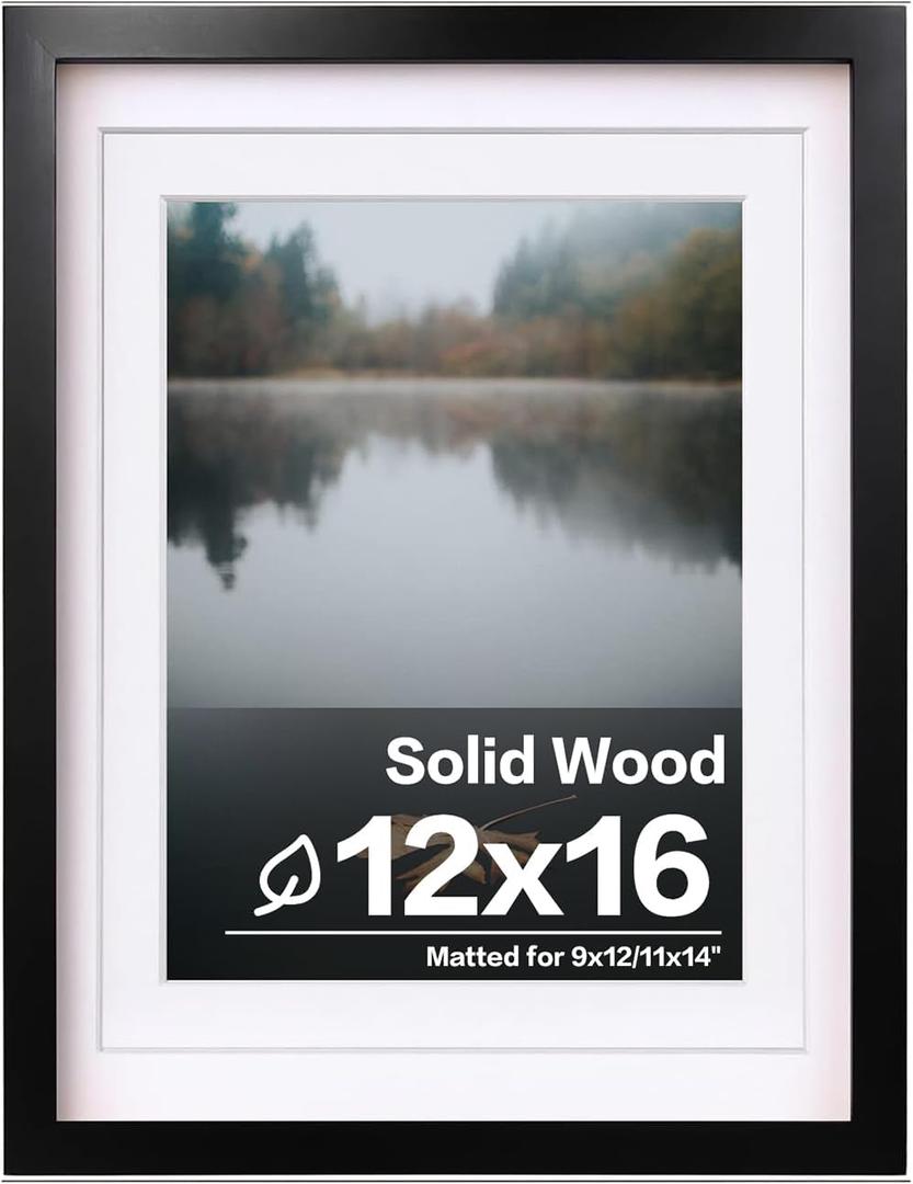 Egofine 12x16 Picture Frame Black Covered by Plexiglass Made of Solid Wood, Display Pictures 9x12 and 11x14 with Mat or 12x16 Without Mat for Wall Mounting Photo Frame