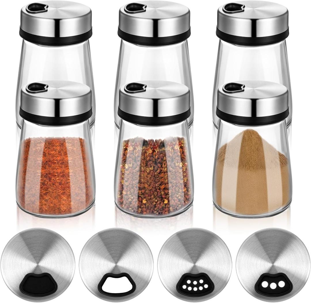 6 Pcs Salt Pepper Shakers Set with Adjustable Pour Holes Stainless Steel Spice Dispenser 6oz Clear Glass Seasoning Containers for Kitchen Restaurant Home BBQ Camping Farmhouse Accessories