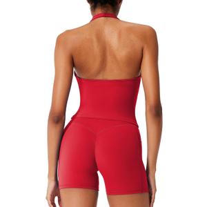 RXRXCOCO Halter Workout Sets for Women 2 Piece V Neck Tank Tops Hidden Scrunch Booty Shorts Gym Outfits with Pockets (Small, Red)