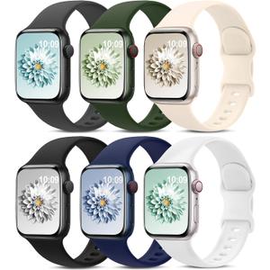 6 Pack Sport Bands Compatible with Apple Watch Band 38mm 40mm 41mm 42mm 44mm 45mm 49mm 46mm,Silicone Waterproof Strap for iWatch Apple Watch Series 11 10 9 Ultra 8 7 6 5 4 3 2 1 SE Women Men (Starlight/Black/White/Navy Blue/Cyprus Green/Dark Gray)