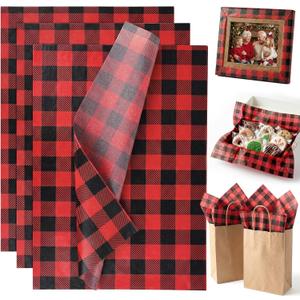VGOODALL 100 Sheets Gift Wrapping Tissue Paper, 14 x 10 Inch Red Black Checkered Tissue Paper Bulk for Christmas DIY Crafts Art Birthday Wedding Party Decorations