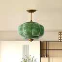Milk Glass Ceiling Light Fixture - Antique Brass Semi Flush Mount Pendant Light for Kitchen, Hallway, and Bedroom (Green 15 inch)