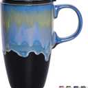 Bosmarlin Ceramic Travel Coffeel Mug with Handle and Lid, 18 oz, Portable Coffee Cup for Car Cup Holder, Microwave and Dishwasher Safe, Reactive Glaze (Blue)