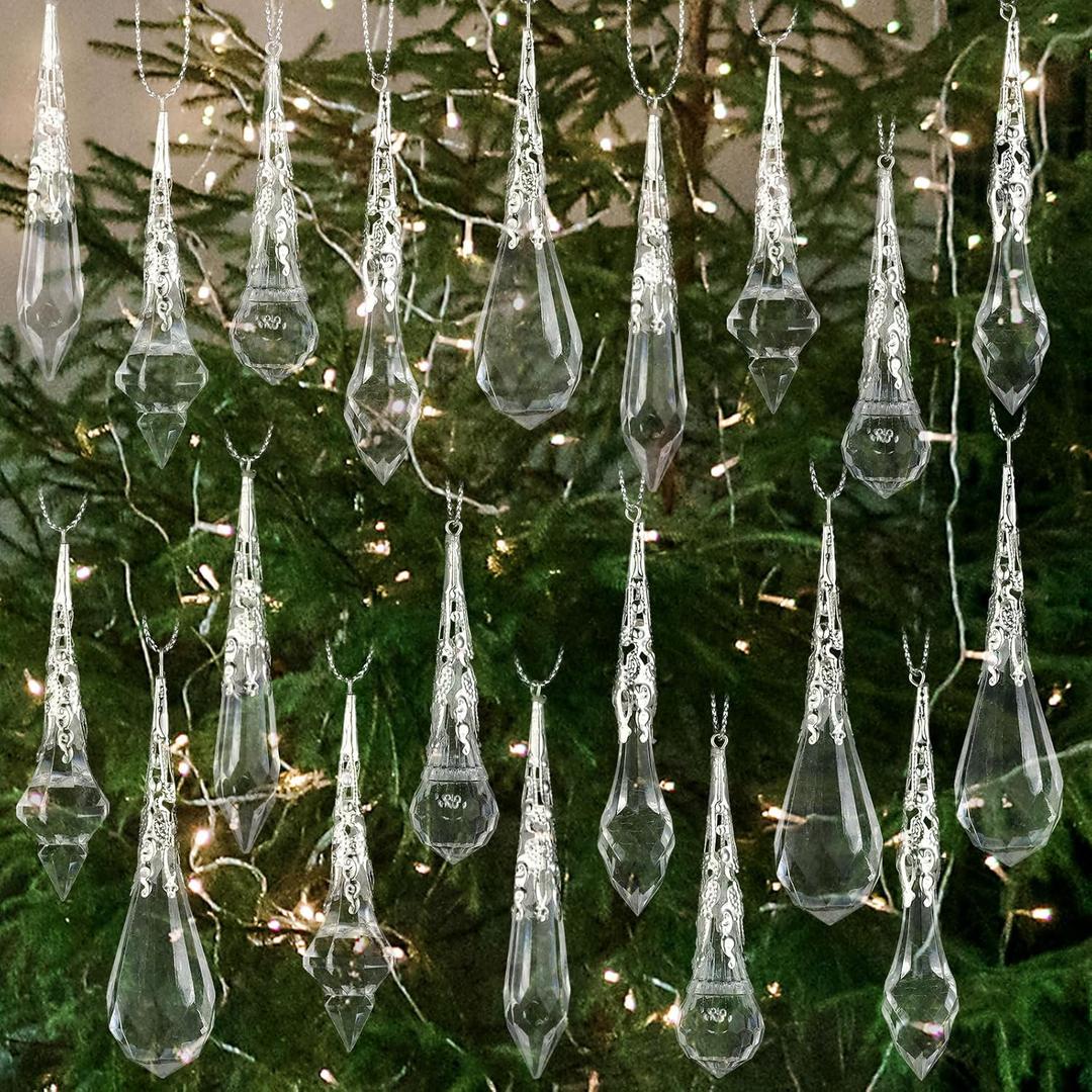Jetec 20 Pcs Clear Crystal Christmas Ornaments for Tree Decorations Hanging Acrylic Crystal Christmas Metal Teardrop Icicle Ornaments Drop Pendants Decor for Tree Winter New Year Home Party Supplies