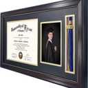 GraduationMall 11x22 Mahogany Diploma Frame with Tassel Holder and Picture for 8.5x11 Certificate 5x7 Photo,Real Glass,Black over Gold Mat