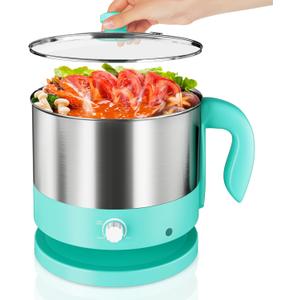 Hot Pot Electric - CACHOO Small 1.25Qt Turquoise Stainless Steel Ramen Cooker with Temperature Control & Keep Warm, Multi-Use Simmer Pot for Boiling, Stewing, Blanching - Ideal for Dorms, Camping, RVs (1.3 Quarts)