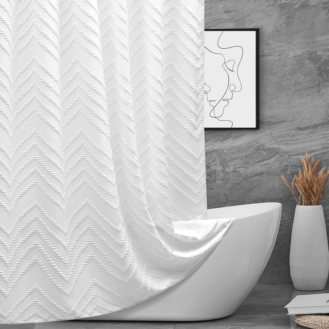 White Boho Fabric Shower Curtain 72 x 72 Inches, Modern Shabby Chic Textured Tufted Chevron Striped Minimalist Cloth Bathroom Shower Curtain