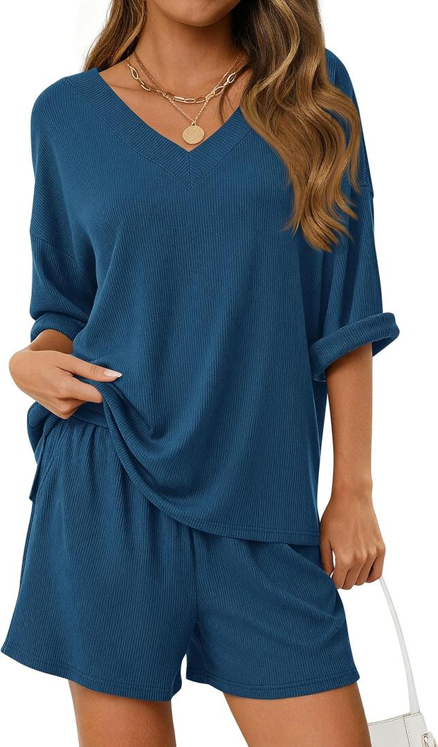 PRETTYGARDEN Womens 2 Piece Sets 2026 Oversized Vneck Half Sleeve Tops Shorts Lounge Set Casual Summer Travel Beach Outfits (Blue, S)