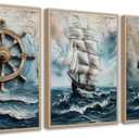 3pcs Vintage Nautical Canvas Wall Art Sailboat Rudder And Anchor Painting Pictures Nautical Coastal Posters Prints Wall Decor Antique Sailboat Nautical Artwork for Home Living Room Bedroom Unframed (16L''x12W''poster, blue)