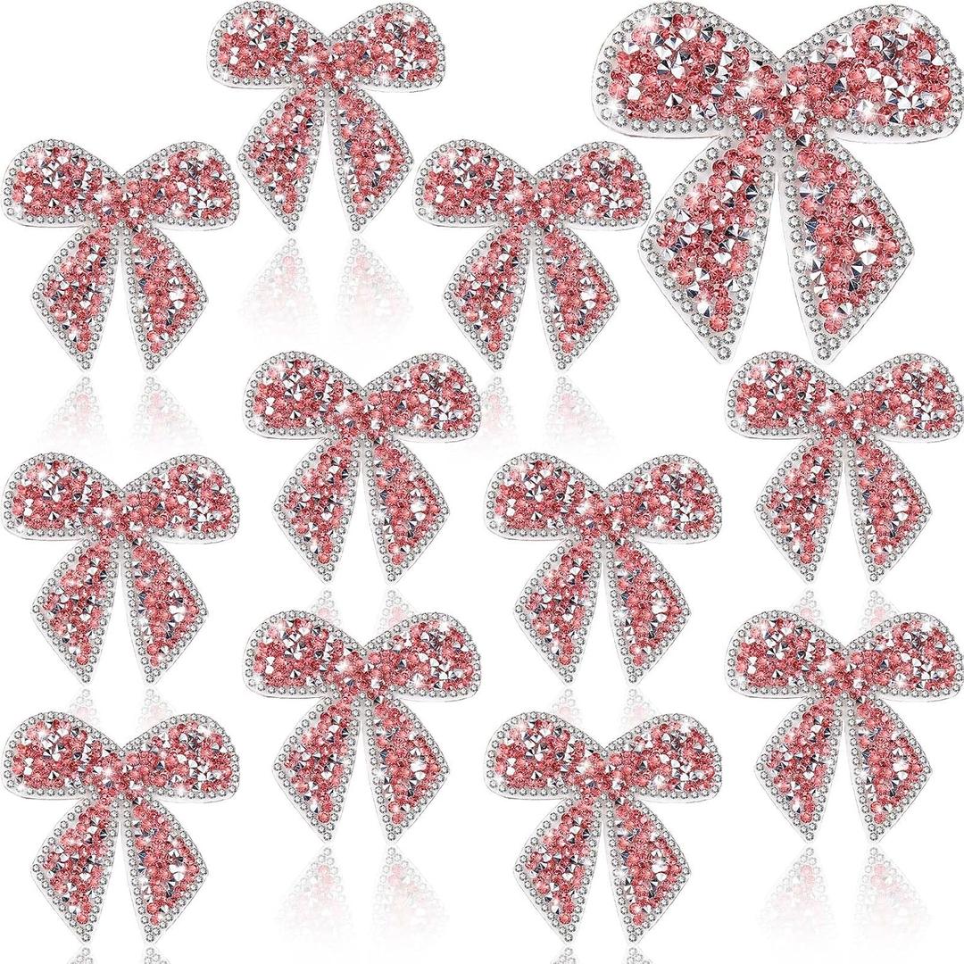 Daifunli 12 Pieces Bow Knot Rhinestone Patches Sparkling Crystal Appliques Iron Sew on for Jeans Jackets Bags Backpacks Hats Shoes Clothes Decorations Crafts(Pink)