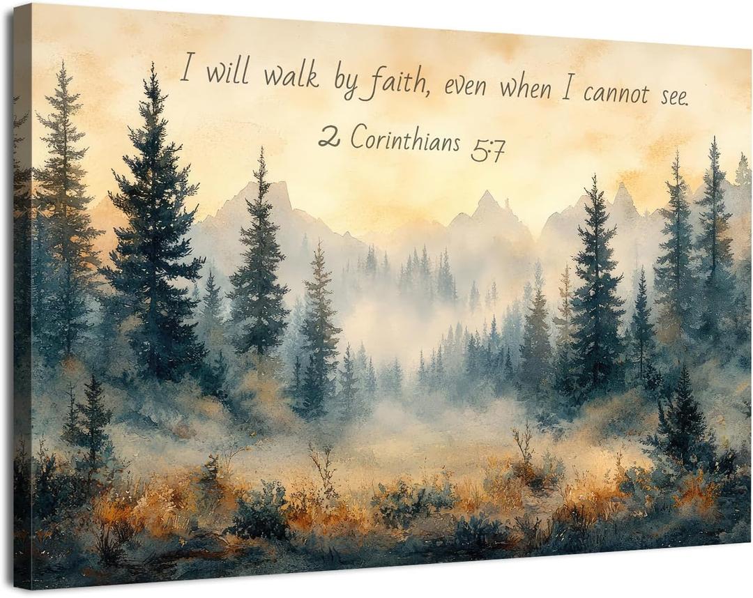 Christian Wall Art Forest Bible Verse Wall Decor Mountain Scripture Canvas Prints 2 Corinthians Religious I Will Walk by Faith Posters Biblical Artwork for Bedroom Living Room Home Decoration 12x16"