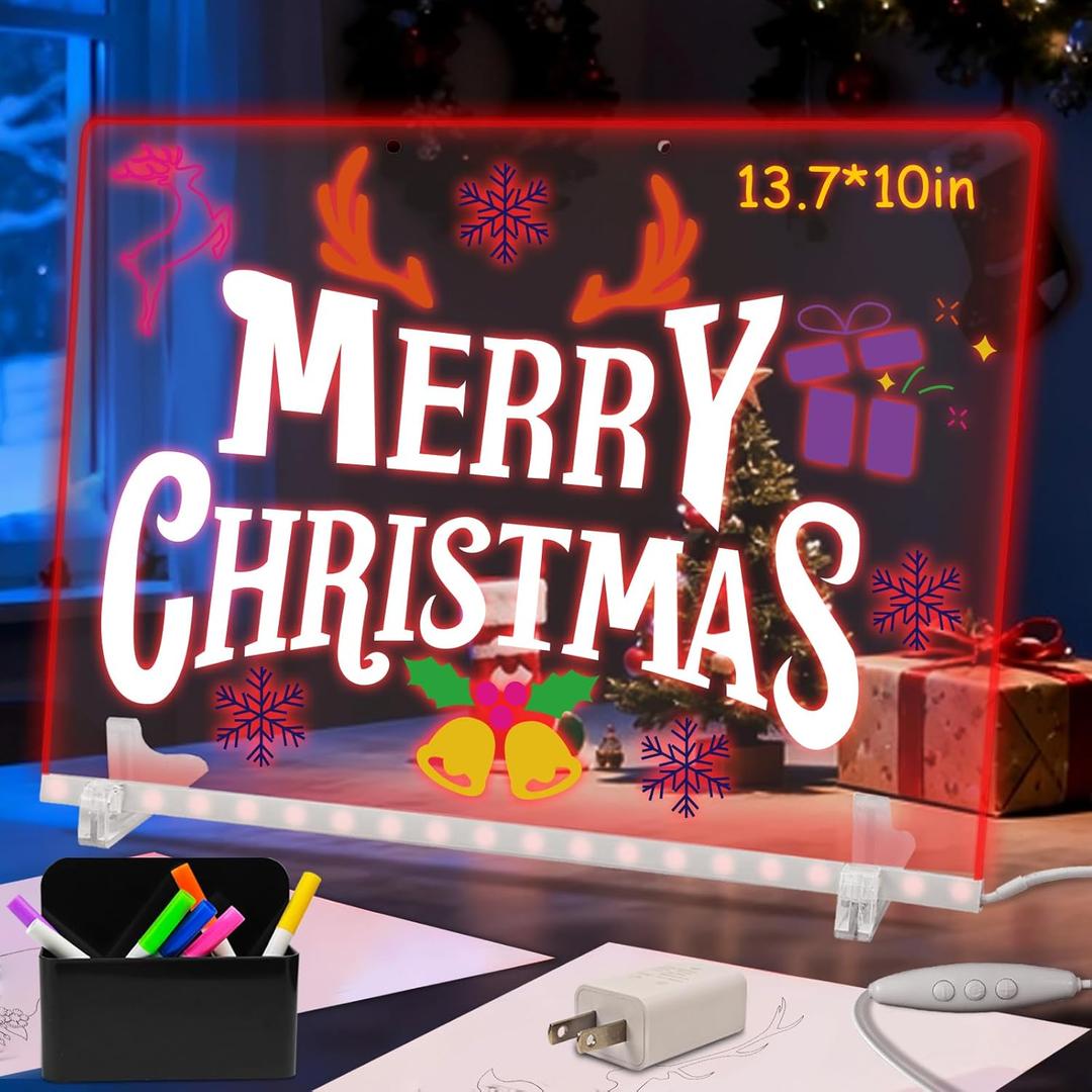 LED Note Board with 7 Colors, 13.7"X10" Led Drawing Board, Light Up Acrylic Dry Erase Writing Board with 7 Markers, Soft Cloth, Hanging Chain, Christmas & Birthday Gift (Wired Control)