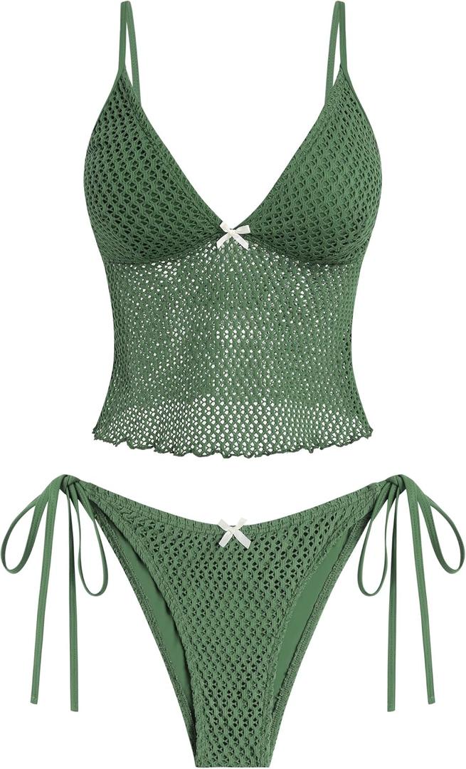 ZAFUL Tankini Swimsuits for Women Lace Jacquard Bowknot Decor Tummy Control High Cut Tanga Tankini Set (Medium, B-army Green)