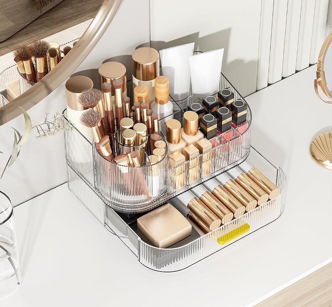 Delamu Makeup Organizer for Vanity with Stackable Drawers, 360 Rotating Makeup Brush Holder Large Cosmetic Display Case for Dresser, Bathroom Countertop Skincare Organizers and Storage, Crystal Clear