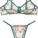 Lilosy Sexy Floral Embroidered Mesh Women Underwire Push Up Lingerie Set (Green, M)