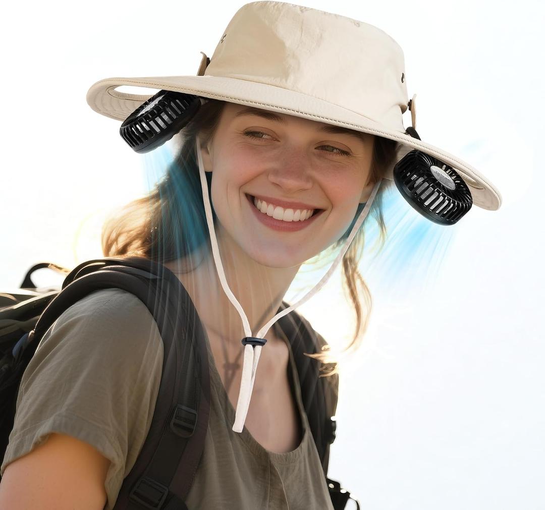 AMACOOL Bucket Hat Fan, Gifts for Him Father Dad Husband, Fishing Essentials for Women Men Camping Hiking Beach Gardening (Beige)