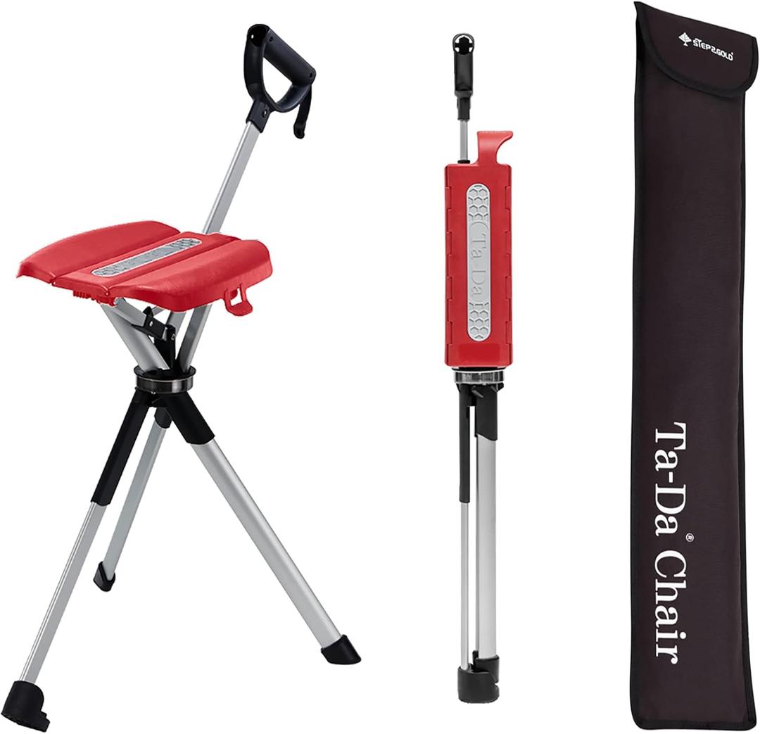 Ta-Da Chair Series 2- Portable Walking Stick, Cane with Seat, Foldable Chair, Hiking Stick, for Camping, Hiking, Lightweight Aluminum, Easy Carry, Anti-Slip, M (34.2"), Red