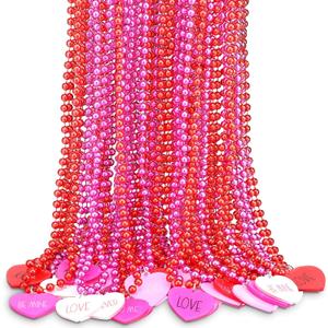 Ecally 24 Pcs Valentines Day Party Heart Shaped Beads Necklaces Pedant Red Pink Bead Necklace for Valentines Day Accessories Party Decorations