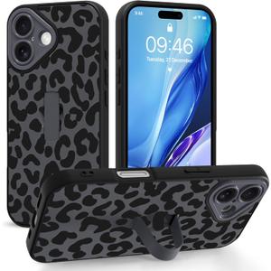 Compatible with iPhone 17 Case with Finger Hand Strap Kickstand, Trendy Cool Leopard Cheetah Print Phone Case for Women Men, Full Camera Protection Shockproof Protective Cover, Black