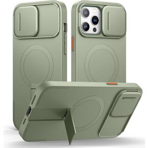 SURITCH for iPhone 13 Pro Max/12 Pro Max Case with Magnetic Camera Slide Cover and Adjustable Kickstand, Compatible with MagSafe, Shockproof Bumper Case Slim Protective Cover 6.7 Inch, Green